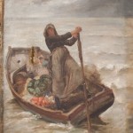 Peinture fin 19ème début du 20ème représentant une femme et ses enfants sur un barque en mer.